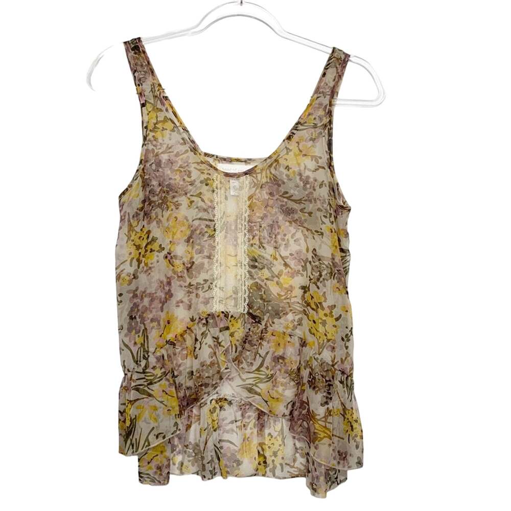 BAND OF GYPSIES Floral High Low Sheer Tank Top Ruffled Scoop Neck Tan Yellow XS